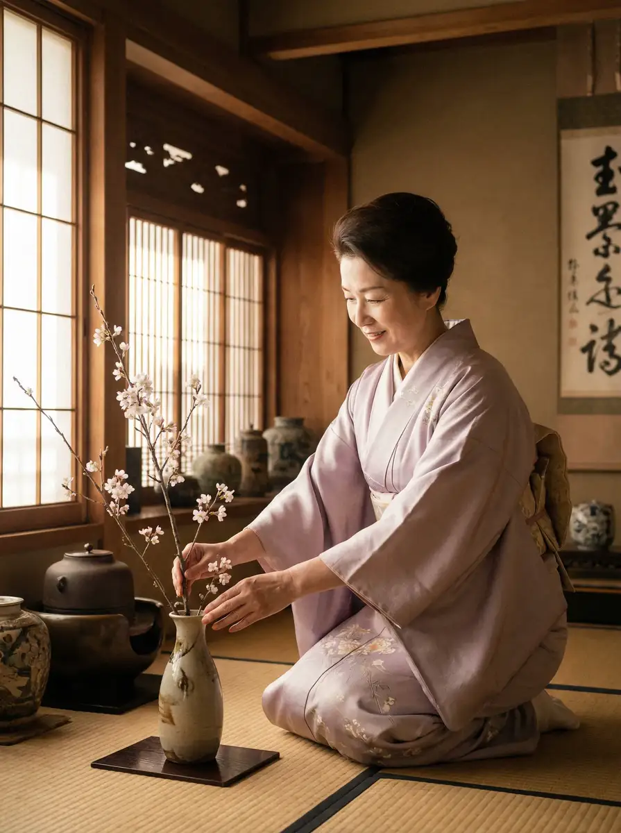 一位优雅的 仓林圣子 在和室中插花